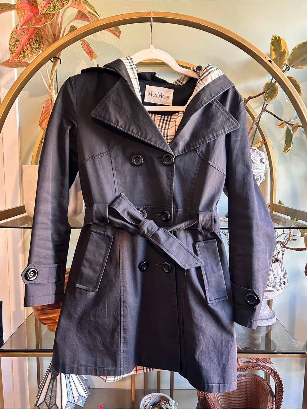 MaxMara Dark Navy Double-Breasted Trench with Hood and Belt